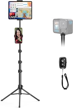 OMOTON 65" Tablet Floor Stand Tripod for iPad with Remote, 360°Phone Holder