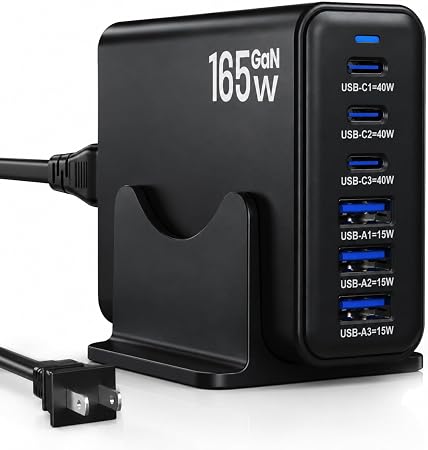 165W GaN Charger Station,6 Port USB C Desktop Fast Charger, Black