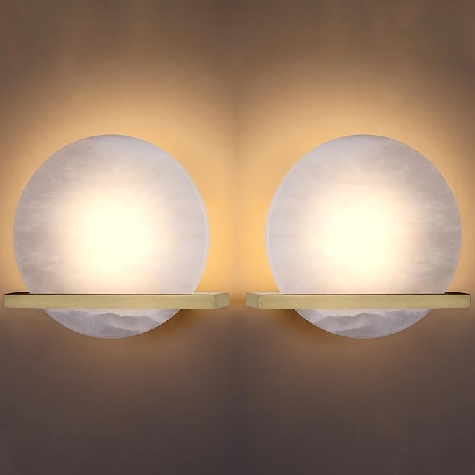 2 Pack 1 Light 8" Round Natural Alabaster Bathroom Wall Sconce Modern Concise Style Wall Light Fixture, Gold Finish for Bedroom Hallway Bedside Living Room