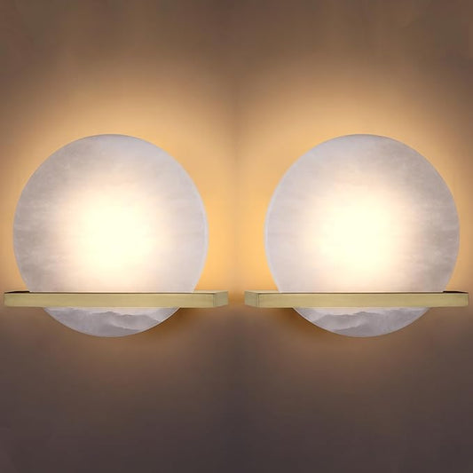 2 Pack 1 Light 8" Round Natural Alabaster Bathroom Wall Sconce Modern Concise Style Wall Light Fixture, Gold Finish for Bedroom Hallway Bedside Living Room