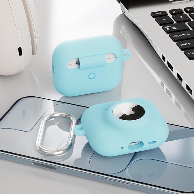2 in 1 Silicone Case Compatible with AirPods Pro 3 and AirTag 2/1, Shockproof Protective Case Cover for AirPods Pro 3rd Generation 2025 with Cleaner Kit & Carabiner (Sky Blue)