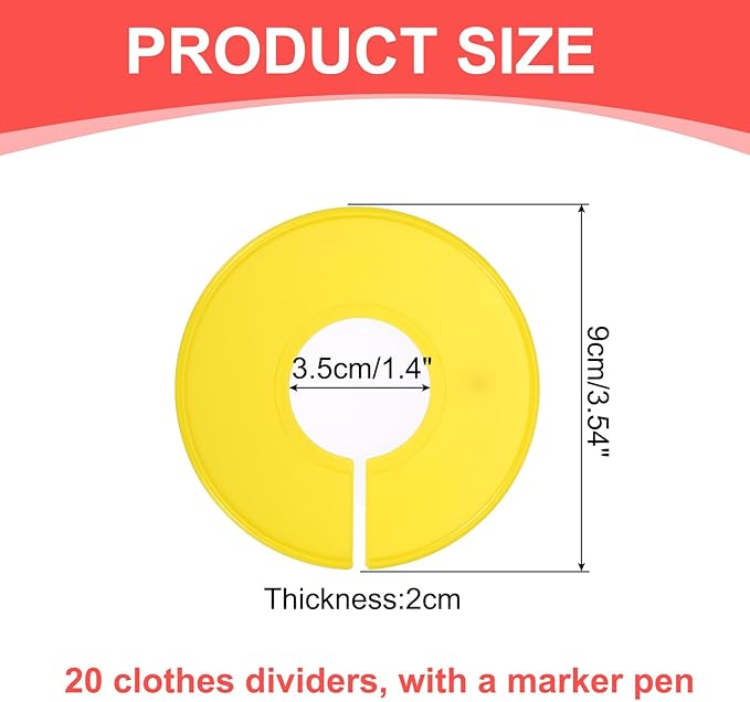 uxcell Clothes Dividers,20 Pack Round Closet Rack Dividers Clothing Rack Size Dividers Blank Labels with Marker Pen Writable & Reusable for Hanging Clothes Sorting Size, Yellow