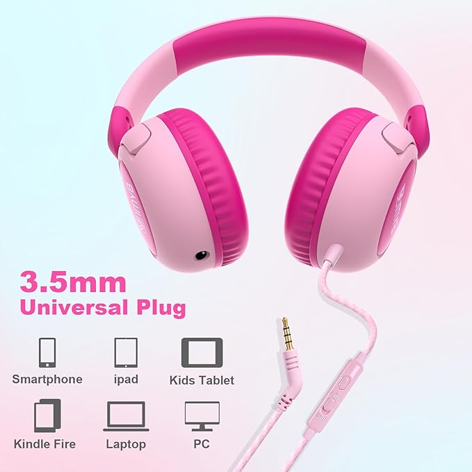 V8 Kids Headphones Wired with Mic for Toddlers, 85/94dB Safe Volume Limit, Foldable Portable Headphones for School & Travel, 3.5mm Port, Stereo Sound for iPad Tablet Kindle Computer (Pink)