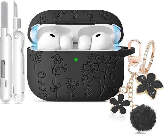 for Airpods Pro 3 Case with Magnetic Lid, Flower Engraved Case Cover Compatible with AirPods Pro 3rd Generation 2025, Soft Silicone Cases with Keychain & Cleaner for Women Girly, Shockproof