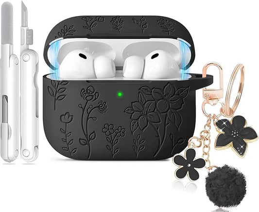 for Airpods Pro 3 Case with Magnetic Lid, Flower Engraved Case Cover Compatible with AirPods Pro 3rd Generation 2025, Soft Silicone Cases with Keychain & Cleaner for Women Girly, Shockproof