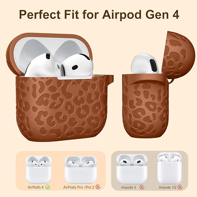 Leopard Engraved for AirPods 4 Case Cover 2024,Soft Silicone Protective Case Compatible with Apple AirPods 4th Generation Case for Women,Cute AirPod 4 Case Accessories with Keychain (Brown)