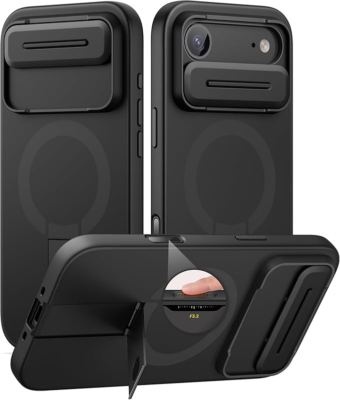 SURITCH for iPhone Air Case with Camera Control Cover, Camera Slide Cover and Adjustable Kickstand, Compatible with MagSafe, Shockproof Bumper Protective Cases for iPhone 17 Air 6.5 Inch, Black