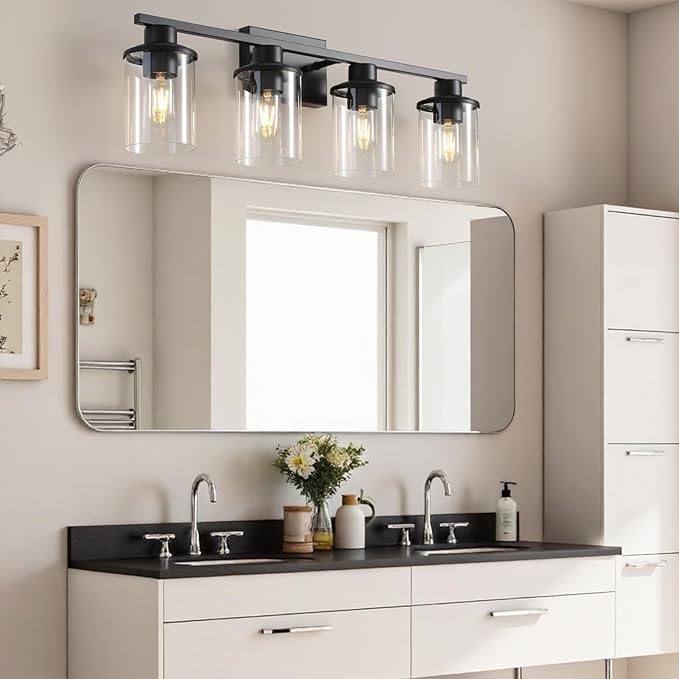 LOUSACE 4 Light Bathroom Vanity Light, 27" Black Vanity Lighting Fixture Over Mirror with Clear Glass Shade, E26 Base