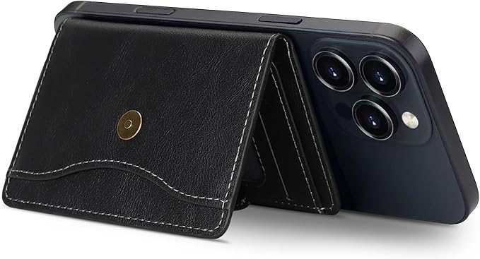 Ultra-Thin Magnetic Wallet Card Holder for iPhone and All MagSafe Protective Cases，Premium PU leather, powerful magnetic closure, stand function, 6 card slots (Black)