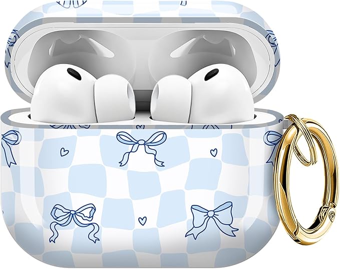 for AirPods Pro 3 Case, Compatible with AirPods Pro 3rd Generation Case (2025), Shockproof Protective Cover with Golden Carabine (Blue Bow Checkered)