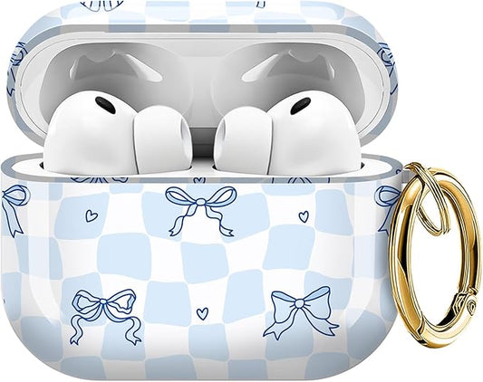 for AirPods Pro 3 Case, Compatible with AirPods Pro 3rd Generation Case (2025), Shockproof Protective Cover with Golden Carabine (Blue Bow Checkered)