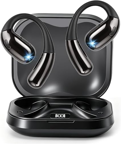 Open Ear Clip Wireless Earbuds Bone Conduction Headphones, Bluetooth 5.4, Open Ear Design for Running Fitness,Office，Built-in Mic, IPX7 Waterproof, LED Display Charging Case,Ear Hooks Black