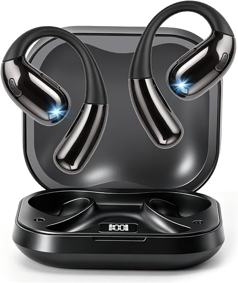 Open Ear Clip Wireless Earbuds Bone Conduction Headphones, Bluetooth 5.4, Open Ear Design for Running Fitness,Office，Built-in Mic, IPX7 Waterproof, LED Display Charging Case,Ear Hooks Black