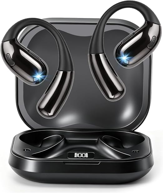 Open Ear Clip Wireless Earbuds Bone Conduction Headphones, Bluetooth 5.4, Open Ear Design for Running Fitness,Office，Built-in Mic, IPX7 Waterproof, LED Display Charging Case,Ear Hooks Black