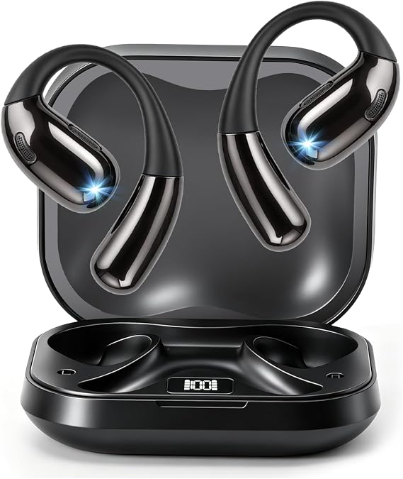 Open Ear Clip Wireless Earbuds Bone Conduction Headphones, Bluetooth 5.4, Open Ear Design for Running Fitness,Office，Built-in Mic, IPX7 Waterproof, LED Display Charging Case,Ear Hooks Black