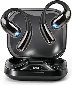Open Ear Clip Wireless Earbuds Bone Conduction Headphones, Bluetooth 5.4, Open Ear Design for Running Fitness,Office，Built-in Mic, IPX7 Waterproof, LED Display Charging Case,Ear Hooks Black