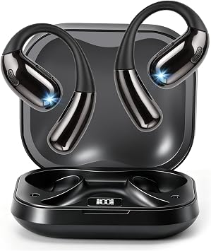 Open Ear Clip Wireless Earbuds Bone Conduction Headphones, Bluetooth 5.4, Open Ear Design for Running Fitness,Office，Built-in Mic, IPX7 Waterproof, LED Display Charging Case,Ear Hooks Black