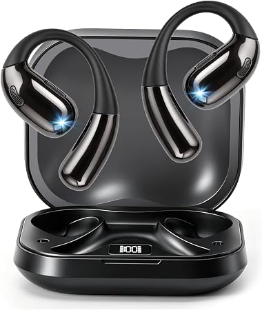Open Ear Clip Wireless Earbuds Bone Conduction Headphones, Bluetooth 5.4, Open Ear Design for Running Fitness,Office，Built-in Mic, IPX7 Waterproof, LED Display Charging Case,Ear Hooks Black
