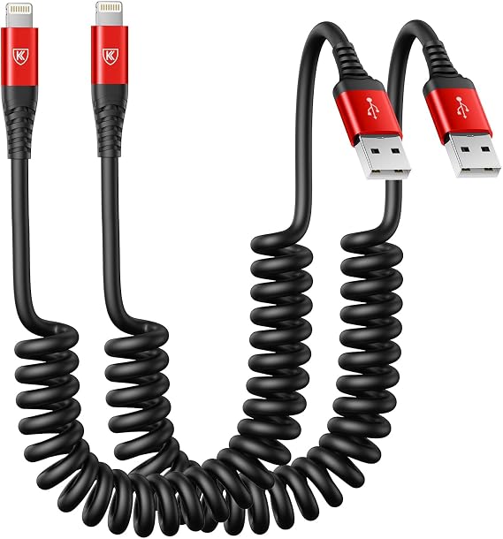 Coiled Lightning Cable 3ft, 2 Pack iPhone Charger Cable for Car - Red