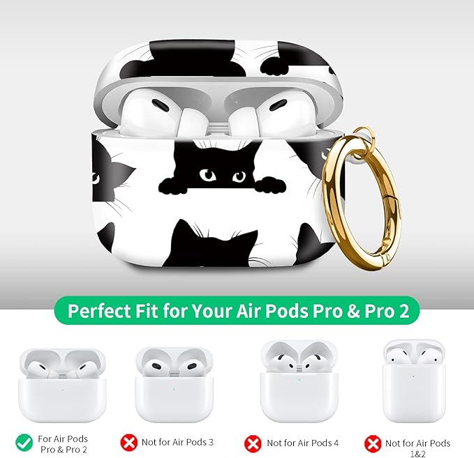 Compatible with Airpod pro 2nd/1st Generation Case Cover with Gold Round Keychain Cute Pattern Hard & Anti Slip Cover for Men Women & Girls（Black cat）