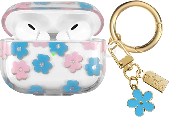 Compatible with AirPods Pro 2 Case Cover 2022, Soft TPU with Cute Flower Pattern for AirPods Pro 2nd/1st Generation Case with Flower Keychain and Carabiner for Girls Women (Blue)