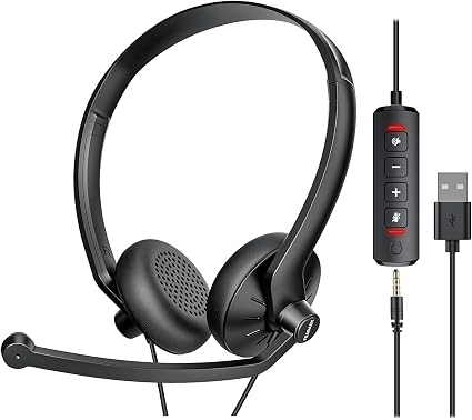 FEABASK USB Headset with Microphone for PC Laptop - Wired Computer Headphones with Noise Cancelling Microphone for Home Office Online Class Skype Zoom Meetings,in Line Mute Controls