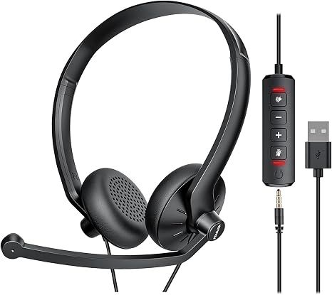 FEABASK USB Headset with Microphone for PC Laptop - Wired Computer Headphones with Noise Cancelling Microphone for Home Office Online Class Skype Zoom Meetings,in Line Mute Controls