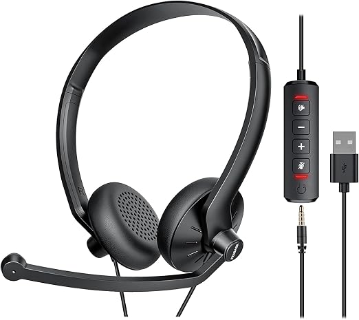 FEABASK USB Headset with Microphone for PC Laptop - Wired Computer Headphones with Noise Cancelling Microphone for Home Office Online Class Skype Zoom Meetings,in Line Mute Controls