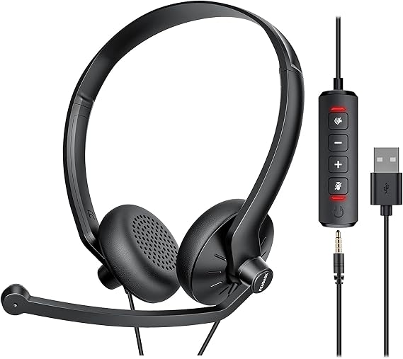 FEABASK USB Headset with Microphone for PC Laptop - Wired Computer Headphones with Noise Cancelling Microphone for Home Office Online Class Skype Zoom Meetings,in Line Mute Controls