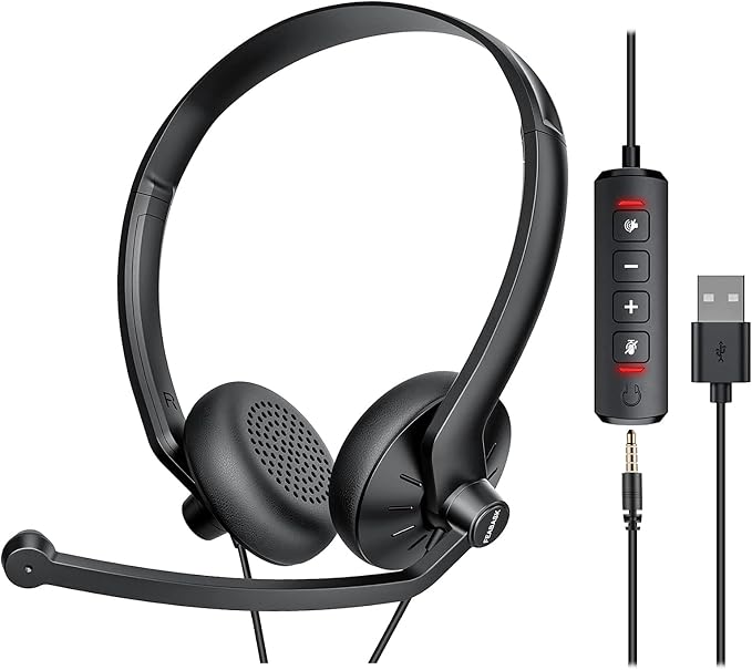 FEABASK USB Headset with Microphone for PC Laptop - Wired Computer Headphones with Noise Cancelling Microphone for Home Office Online Class Skype Zoom Meetings,in Line Mute Controls