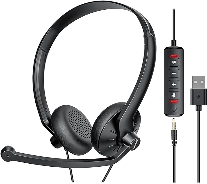FEABASK USB Headset with Microphone for PC Laptop - Wired Computer Headphones with Noise Cancelling Microphone for Home Office Online Class Skype Zoom Meetings,in Line Mute Controls