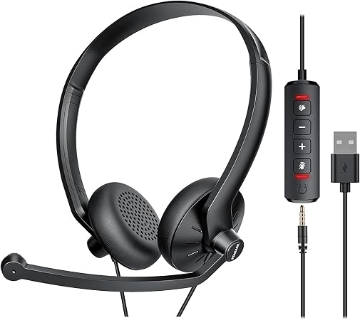 FEABASK USB Headset with Microphone for PC Laptop - Wired Computer Headphones with Noise Cancelling Microphone for Home Office Online Class Skype Zoom Meetings,in Line Mute Controls