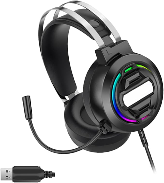 USB Gaming Headset, Wired Gaming Headphones, Headsets with Mic, 7.1 Surround Sound, Clear Noise Canceling Mic, Cool Led Light, Enhanced Comfort, with Versatility for Pc