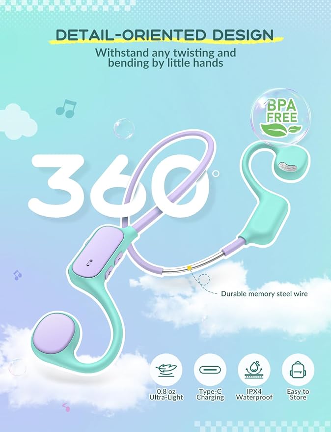 iClever Kids Headphones, Bluetooth 5.4 Air Conduction Open Ear Headphones, Safe Volume 74&85 dBA, Clear Audio, 360° Bending, Ultra-Light Comfortable Kids Wireless Headphones for iPad/Travel/Sports