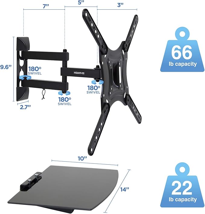 Mount-It! TV Mount with Shelf | Full Motion TV Wall Mount with Floating Entertainment Shelf for Cable Box, DVR | Single Stud Installation | Fits Televisions Up to 55 Inches, VESA 75x75mm to 400x400mm