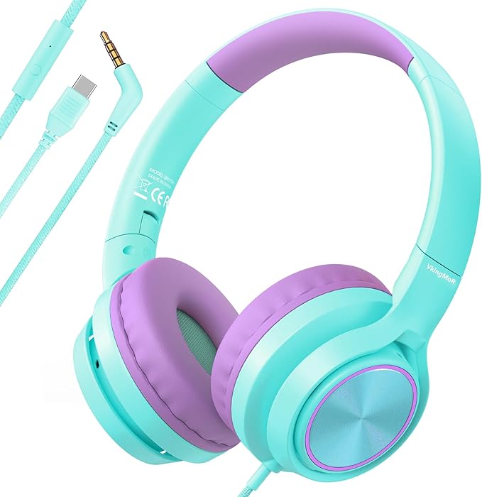 Kids Headphones for School Travel, Upgrade USB Type C Safe Volume 94dB, with Mic HD Stereo Sound Foldable On-Ear Headphones for Boys/Girls/Students/Tablet/Travel-Green