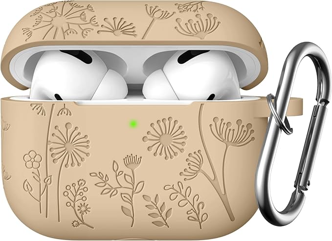 Lerobo for AirPods Pro 2nd/1st Gen Silicone Skin Cover - Cute, Flower Engraved, Full Protective Case Compatible with Apple AirPod Pro/Pro 2 - Front LED Visible, Milk Tea