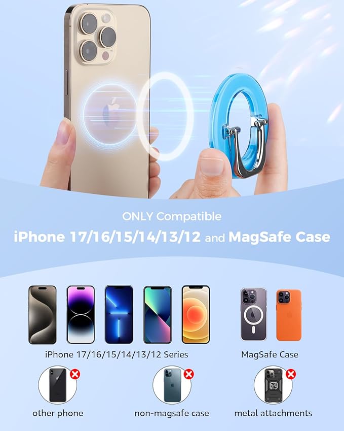 SUPERONE for Magnetic Phone Ring Holder, Adjustable Magnetic Phone Grip Removable Phone Ring Kickstand Compatible with Accessories Only for iPhone 17 16 15 14 13 12 Series - Bright Blue