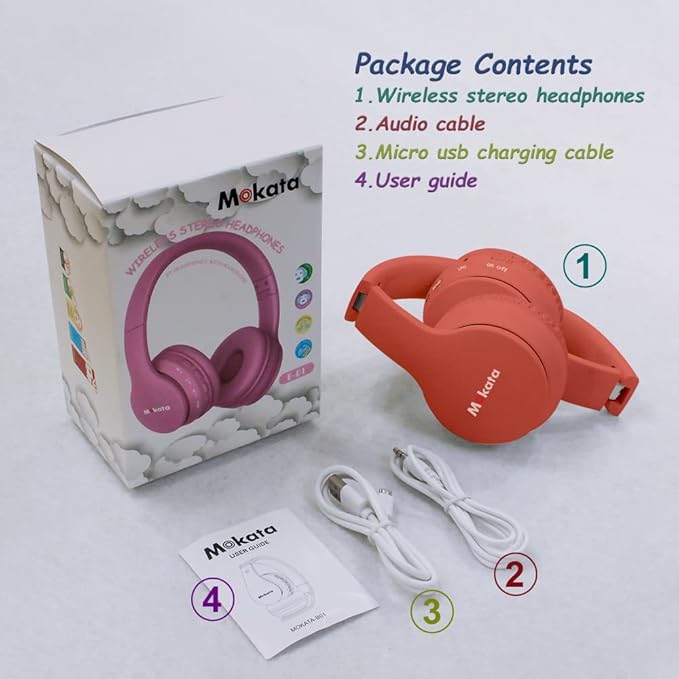 Headphones Kids Bluetooth 5.4 Wireless Play Time 68H Safe Volume Limit 85/94dB Over-Ear Foldable Headset,Fast Charging,with Aux Cord Built-in Mic for Toddler Child Pad Study Tablet Coral