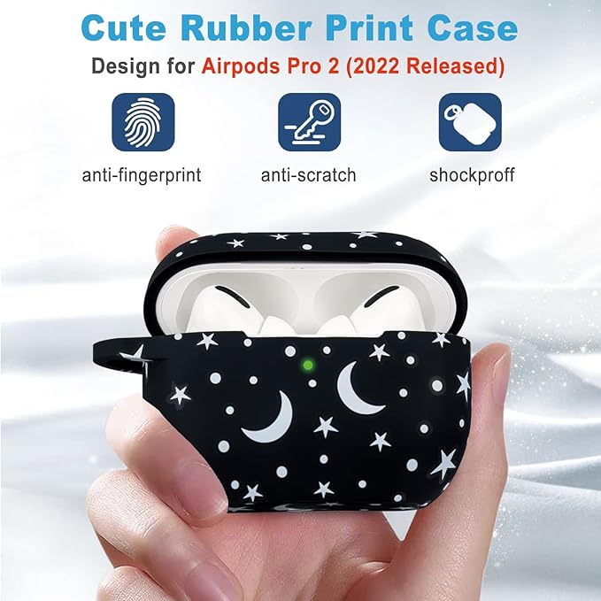 Moon Star Silicone Compatible with AirPods Pro 2 Case 2022/2023, Gawnock Soft Case Compatible with AirPods Pro 2nd Generation Print Women Girls with Keychain - Moon/Star