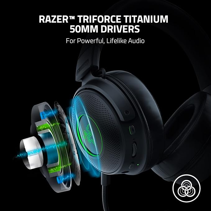 Razer Kraken V3 Pro HyperSense Wireless Gaming Headset w/Haptic Technology: Triforce Titanium 50mm Drivers -THX Spatial Audio - Hyperspeed Wireless - Fabric & Leather Memory foam Cushion (Renewed)