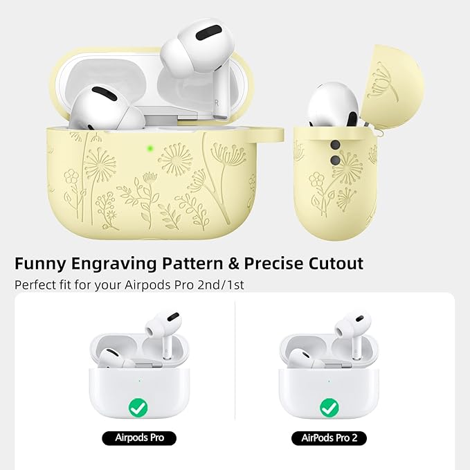 Lerobo for Airpod Pro 2 Case/Airpod Pro Case Cover, Flower Engraved Cute Silicone Skin Full Protective Cover Compatible with Apple Airpods Pro 2nd/1st Generation Case with Keychain, Cream Yellow