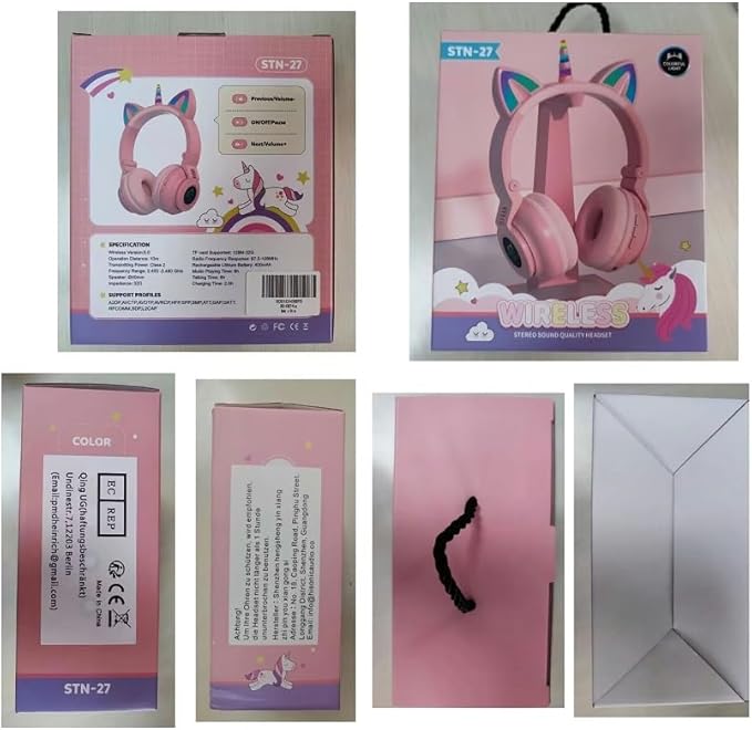 Unicorn Kids Headphones for Girls, Unicorn Bluetooth Headphones Foldable for Girls Toddlers Tablet/pad/Amazon fire,Light Up Kids Wireless Headphone Birthday Gifts (Purple Pink)