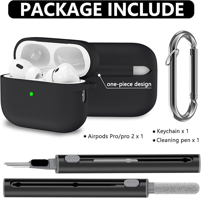 Ljusmicker for AirPods Pro Case Cover with Cleaner Kit,Soft Silicone Protective Cover for Apple AirPod Pro 2nd/1st Generation Case for Women Men,AirPods Pro 2/Pro Case Accessories with Keychain-Black | Cleaner Kit, Soft Silicone, Protective Case, for W...
