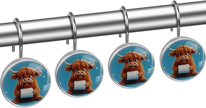 Funny Highland Calf Shower Curtain Hooks Rings, Stainless Steel Rust Proof Shower Curtain Hooks, Decorative Shower Hooks for Bathroom Shower Rods Curtains, Set of 12