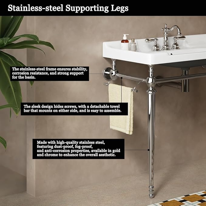 36" Bathroom Console Sink, Wall-Mounted White Ceramic Vanity Basin with 3 Pre-drilled Faucet Holes, Freestanding Chrome Stainless Steel Support Legs with Towel Bar, No Faucet - Rome, White