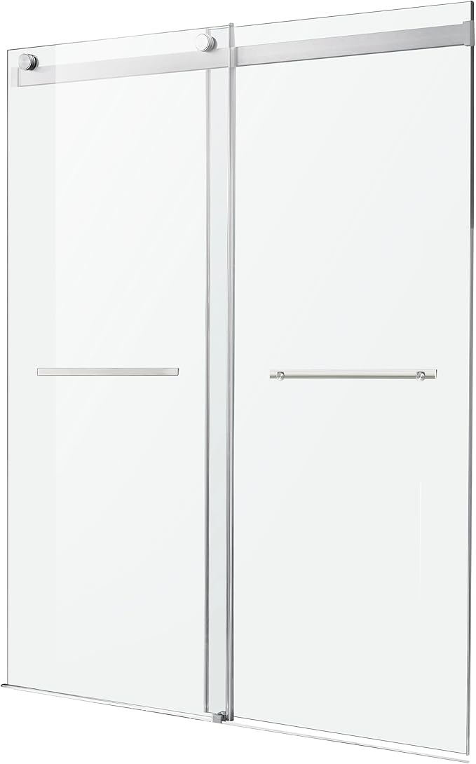 ANZZI 76 x 48 inch Frameless Shower Door in Brushed Nickel, Kahn Water Repellent Glass Shower Door with Seal Strip Parts and Handle, Easy Glide Rollers Sliding Shower Door, SD-FRLS05801BN