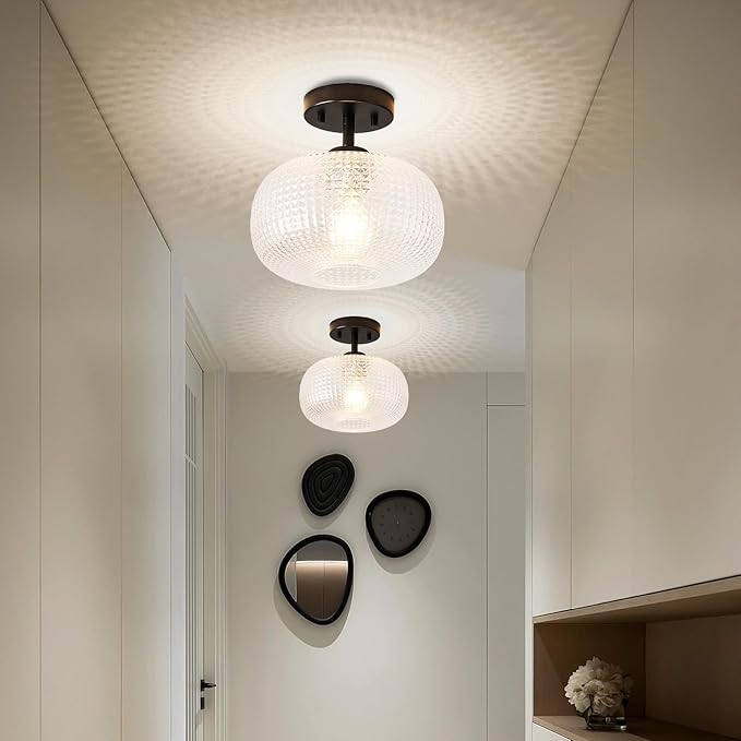 Modern Black Flush Mount Ceiling Light Fixtures,Hammered Globe Ceiling Lighting Adjustable Hanging with Seeded Glass Lampshade for Entryway Bedroom Kitchen Hallway Laundry Room,E26 Lamp,9.84 In