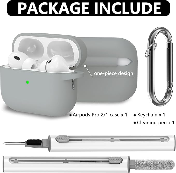 Ljusmicker for AirPods Pro Case, Cover with Cleaner Kit, Soft Silicone Protective Case for Apple AirPods Pro 1/2 Gen, AirPodPro 2 Case Accessories with Keychain - Light Grey