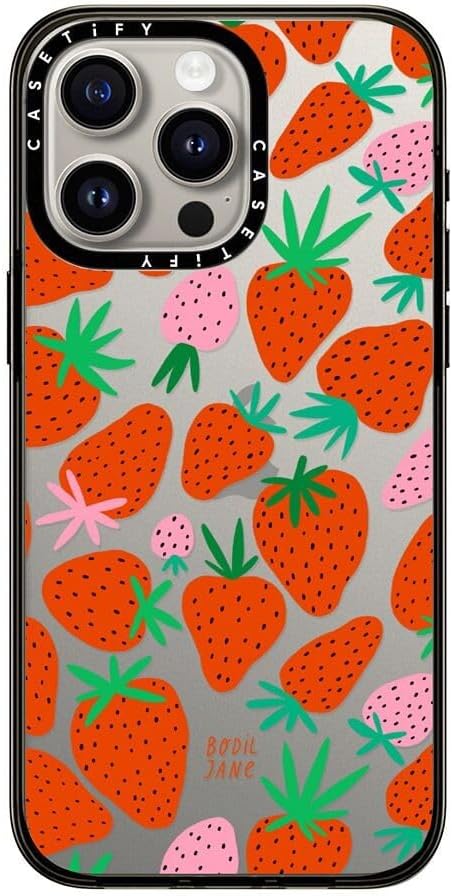 CASETiFY Compact iPhone 15 Pro Max Case [4 ft. 2X Military Grade Drop Protection/Slim/Lightweight] - Strawberries - Clear Black